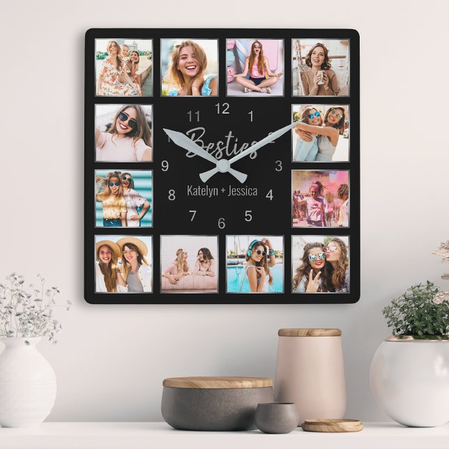 Personalized Photo Collage Black Silver Friendship Square Wall Clock (Creator Uploaded)