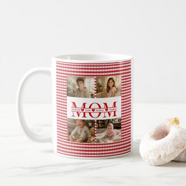 Personalized Photo Collage Mom Heart & Kids Name Coffee Mug (With Donut)