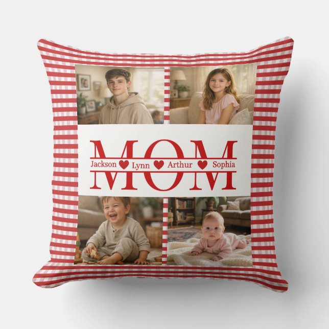 Personalized Photo Collage Mom Heart & Kids Name Cushion (Front)