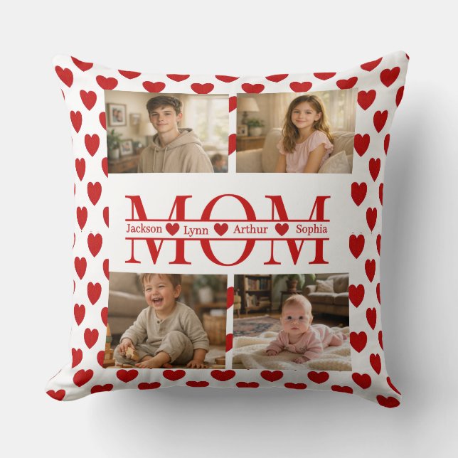 Personalized Photo Collage Mom Heart & Kids Name Cushion (Front)