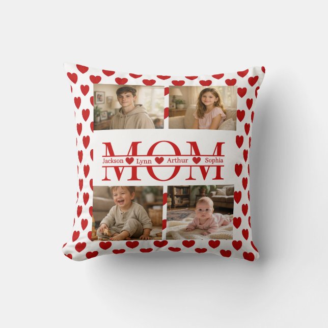 Personalized Photo Collage Mom Heart & Kids Name Cushion (Front)