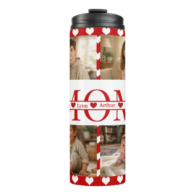 Personalized Photo Collage Mom Heart & Kids Name Thermal Tumbler (Front)