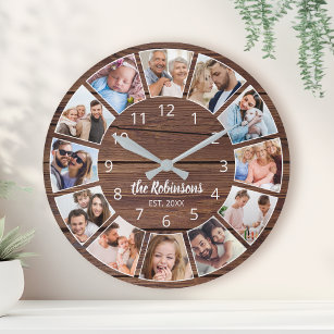 Personalized Photo Collage Natural Wood Family Large Clock