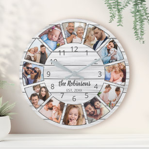 Personalized Photo Collage White Wood Family Large Clock
