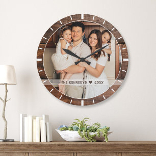 Personalized Photo Family Name Rustic Dark Wood Large Clock