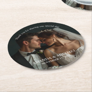 Personalized Photo Favor with Names & Wedding Date Round Paper Coaster