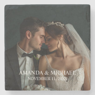Personalized Photo Favor with Names & Wedding Date Stone Coaster