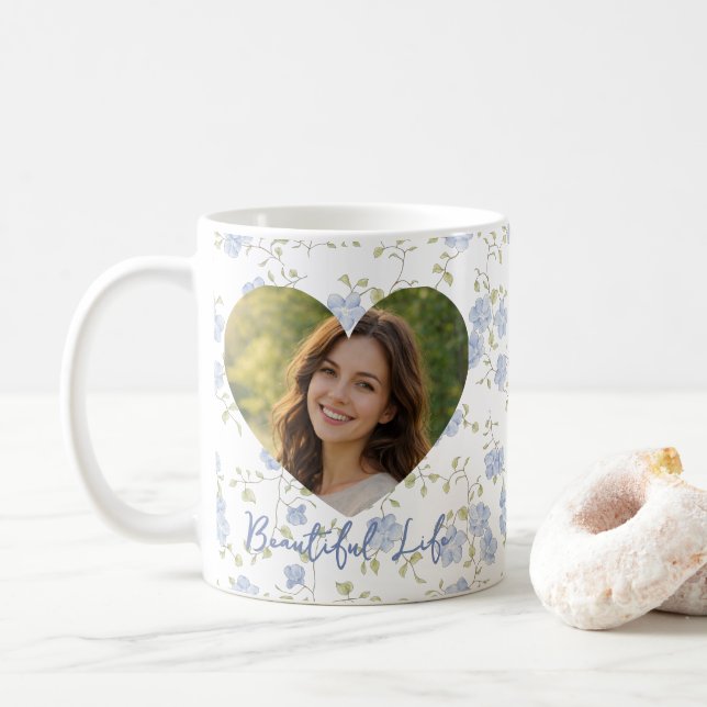 Personalized Photo – Floral Heart Design, Soft Pas Coffee Mug (With Donut)