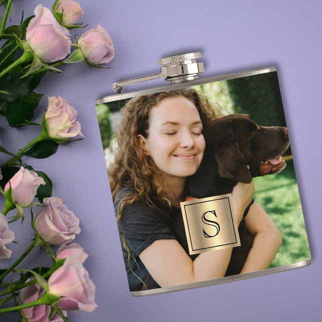 Personalized Photo Gold Frame and Black Monogram Hip Flask (Creator Uploaded)