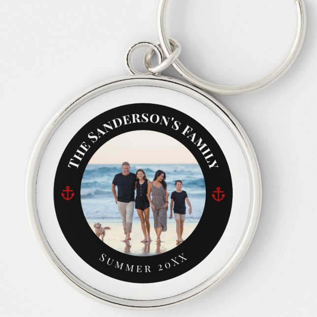 Personalized Photo in Black Circle with Red Anchor Key Ring (Front)