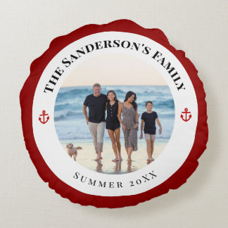Personalized Photo in Black Circle with Red Anchor Round Cushion