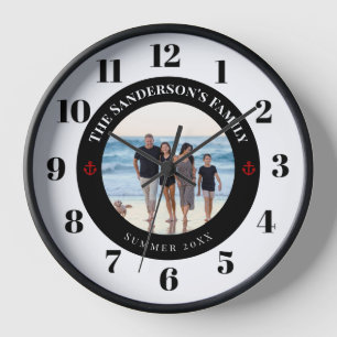 Personalized Photo in Navy Circle with Red Anchor Clock
