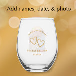 Personalized Photo Keepsake 50th Anniversary Gift Stemless Wine Glass<br><div class="desc">Add the couple's names and photo to this stylish golden 50th wedding anniversary glass. The golden tan simple, modern script is not real foil but faux gold. All the elegant typography is editable. Personalize this special photo keepsake glass with the couples names and wedding anniversary date for a beautiful wedding...</div>