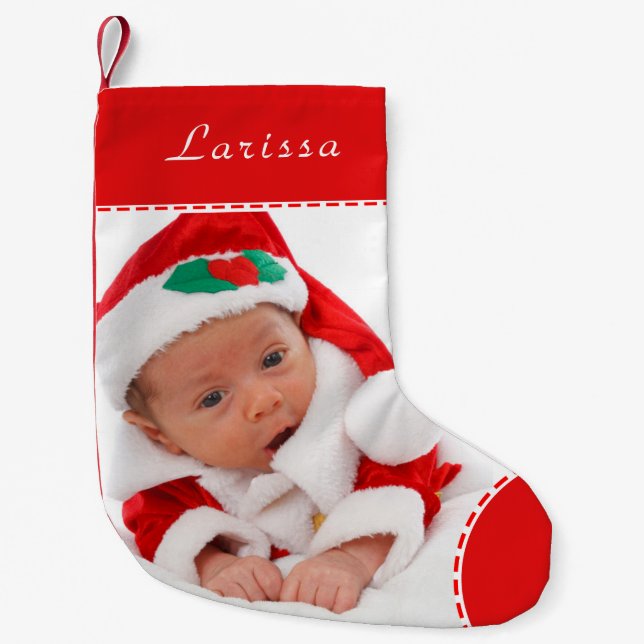 Personalized Photo Name Red Trim Christmas Small Christmas Stocking (Front)