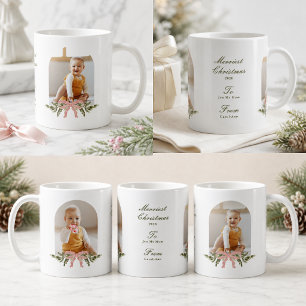 Personalized Photo Pink Bow Greenery Christmas Coffee Mug