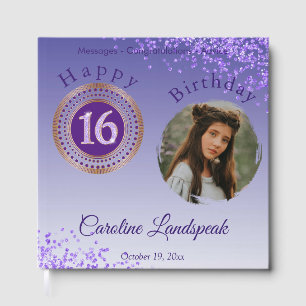 Personalized Photo Purple Glitter, 16th Birthday Guest Book
