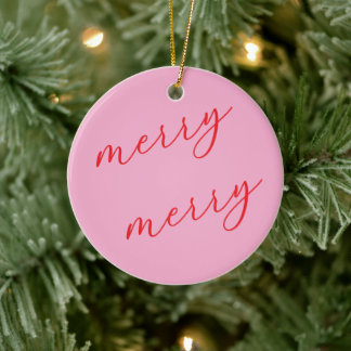 Personalized Photo Red & Pink Script Christmas Ceramic Ornament