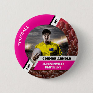 Personalized photo sports button/pin football butt 6 cm round badge