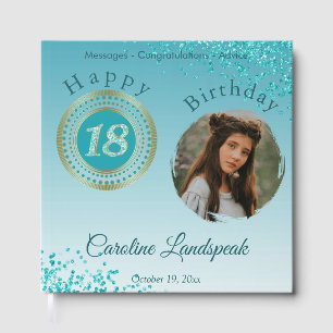 Personalized Photo Teal Blue Glitter 18th Birthday Guest Book