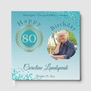 Personalized Photo Teal Blue Glitter 80th Birthday Guest Book