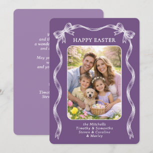 Personalized Photo White Ribbon On Violet Easter Holiday Card