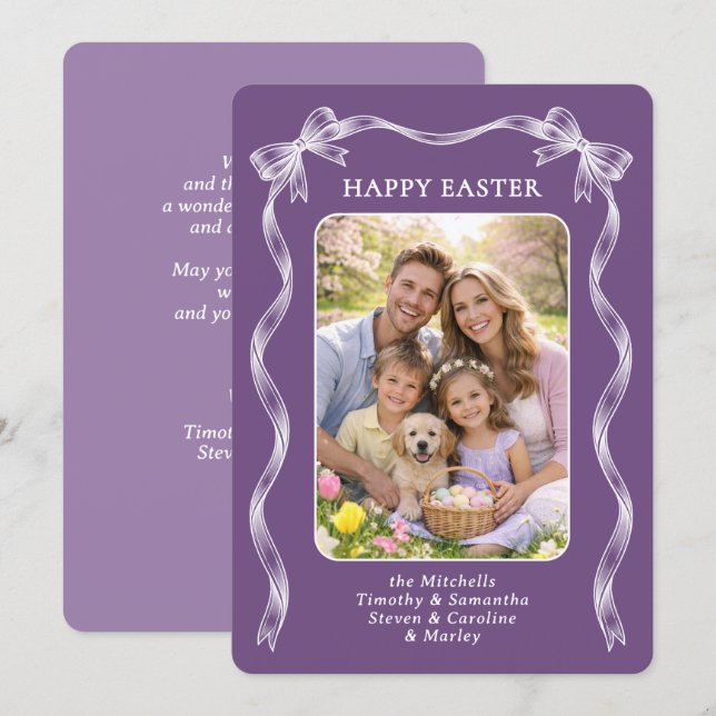 Personalized Photo White Ribbon On Violet Easter Holiday Card (Front/Back)