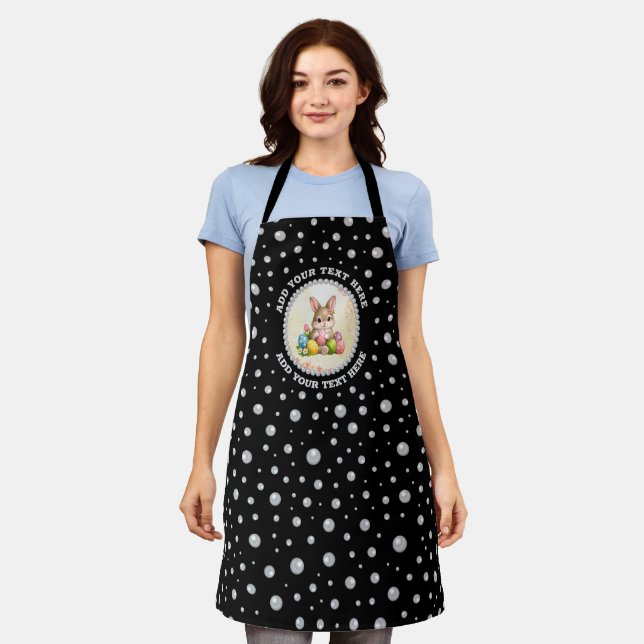 Personalized Photo with Pearls Circle on Black Apron (Worn)