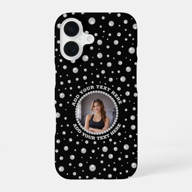 Personalized Photo with Pearls Circle on Black iPhone 16 Case (Back)