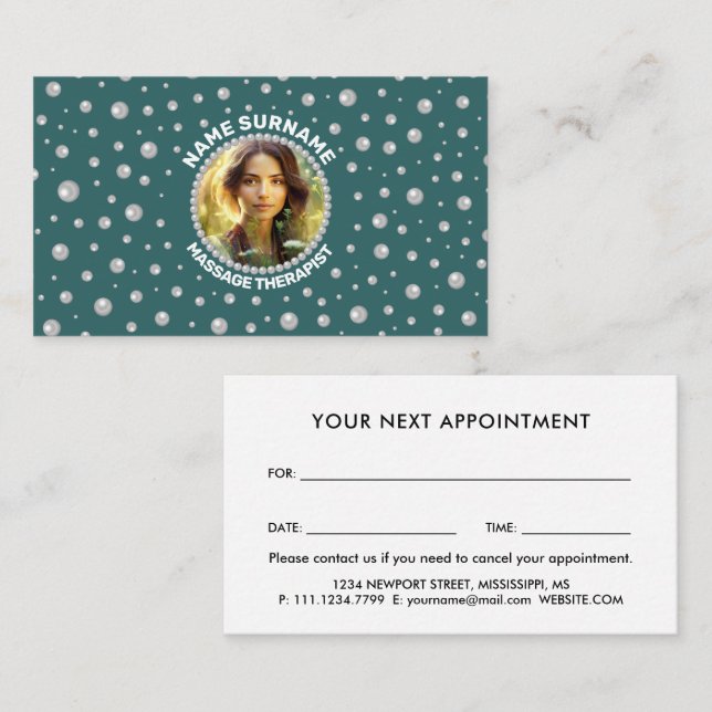 Personalized Photo with Pearls Circle on Teal Appointment Card (Front/Back)