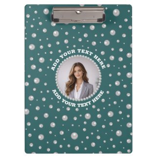 Personalized Photo with Pearls Circle on Teal Clipboard