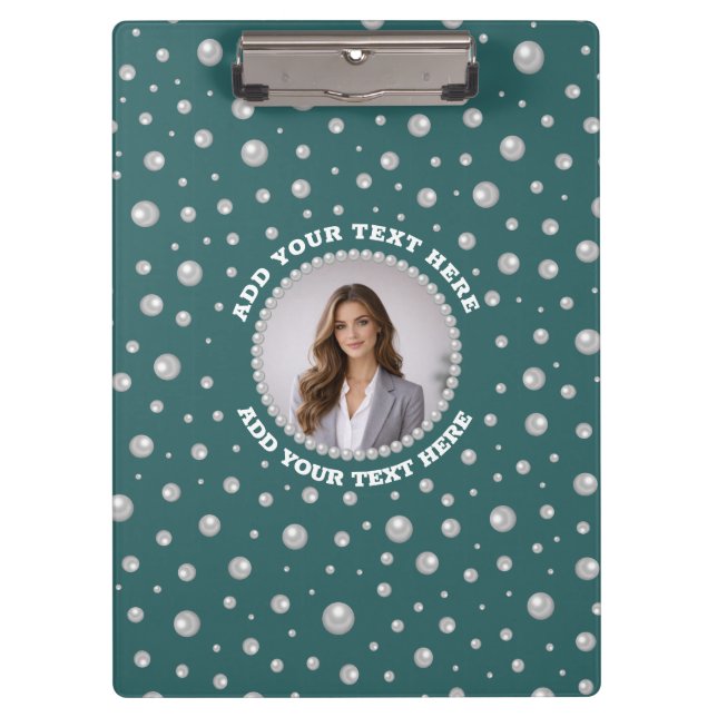 Personalized Photo with Pearls Circle on Teal Clipboard (Front)