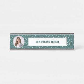 Personalized Photo with Pearls Circle on Teal Desk Name Plate