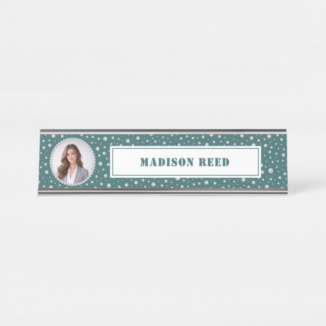 Personalized Photo with Pearls Circle on Teal Desk Name Plate (Front)