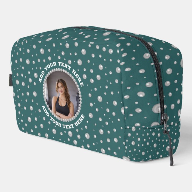 Personalized Photo with Pearls Circle on Teal Dopp Kit (Right Corner)
