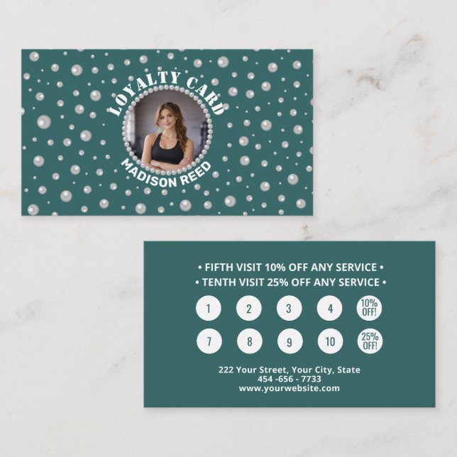 Personalized Photo with Pearls Circle on Teal Loyalty Card (Front/Back)