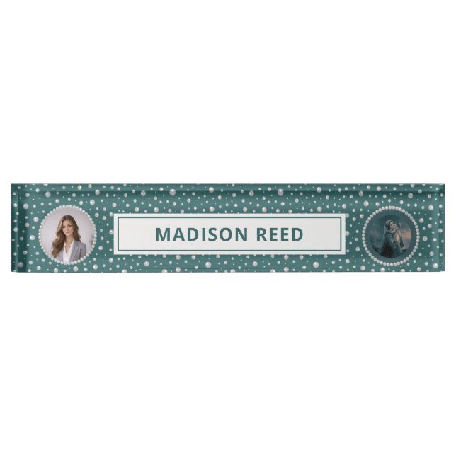 Personalized Photo with Pearls Circle on Teal Nameplate (Front)