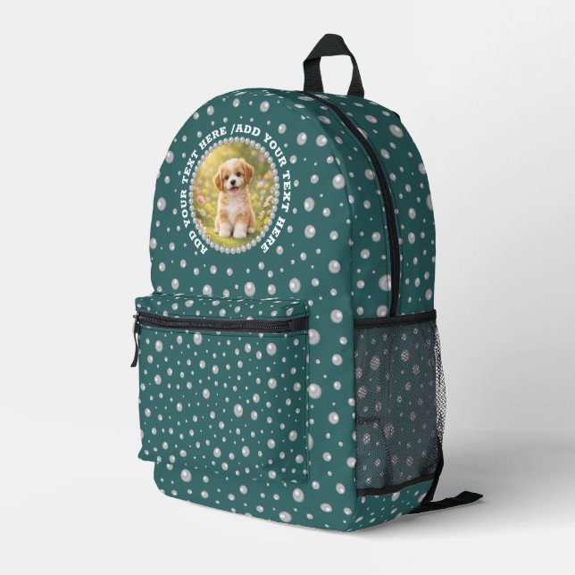 Personalized Photo with Pearls Circle on Teal Printed Backpack (Back Corner Right)