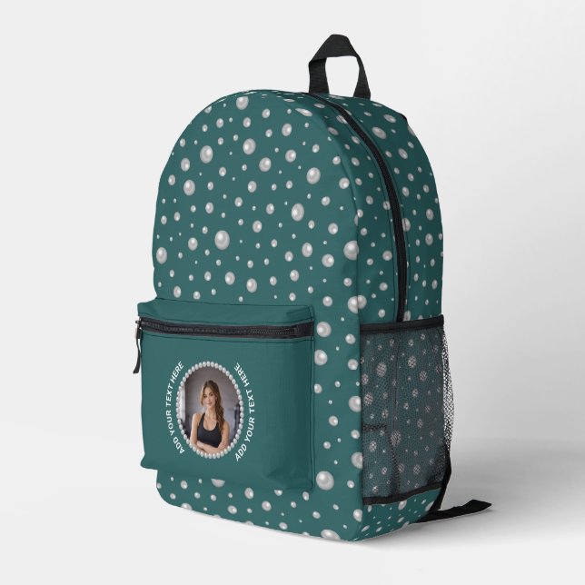 Personalized Photo with Pearls Circle on Teal Printed Backpack (Back Corner Right)