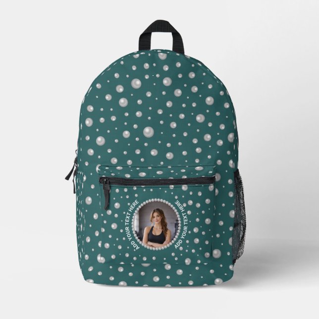 Personalized Photo with Pearls Circle on Teal Printed Backpack (Front)