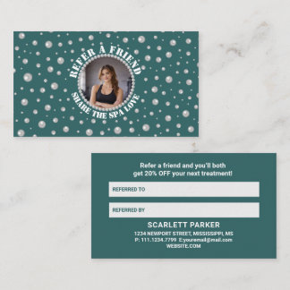 Personalized Photo with Pearls Circle on Teal Referral Card