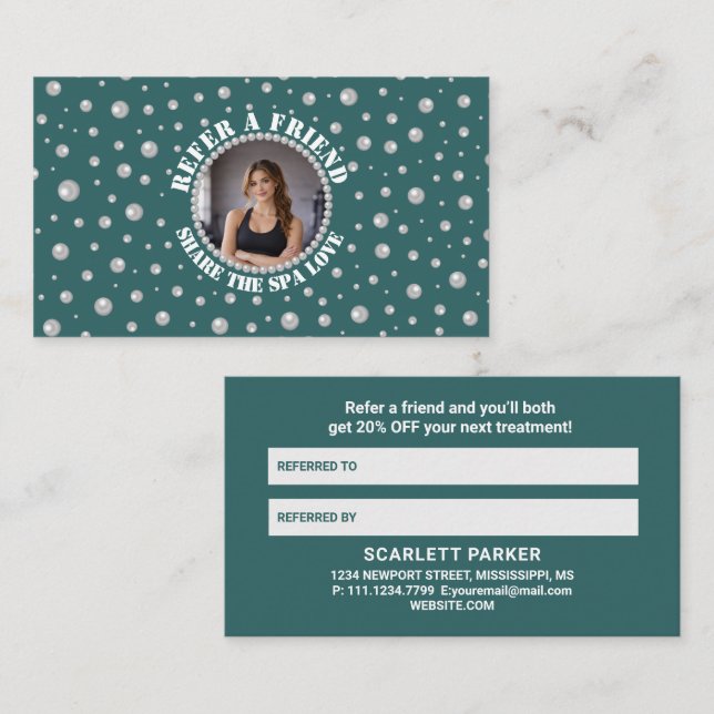 Personalized Photo with Pearls Circle on Teal Referral Card (Front/Back)