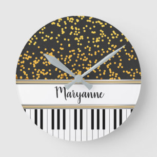 Personalized Piano Keys Gold Polka Dots Pattern Round Clock