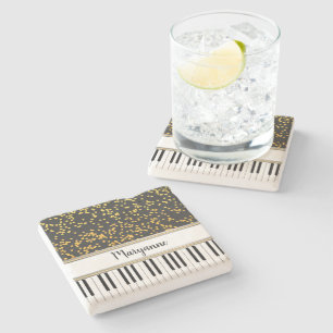 Personalized Piano Keys Gold Polka Dots Pattern Stone Coaster