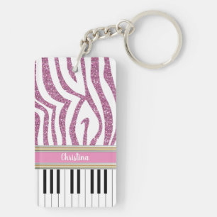Personalized Piano Keys Pink Glitter Zebra Print Key Ring