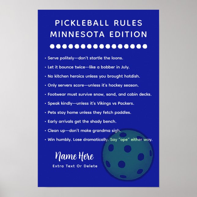 Personalized Pickleball Rules Minnesota Edition Poster (Front)