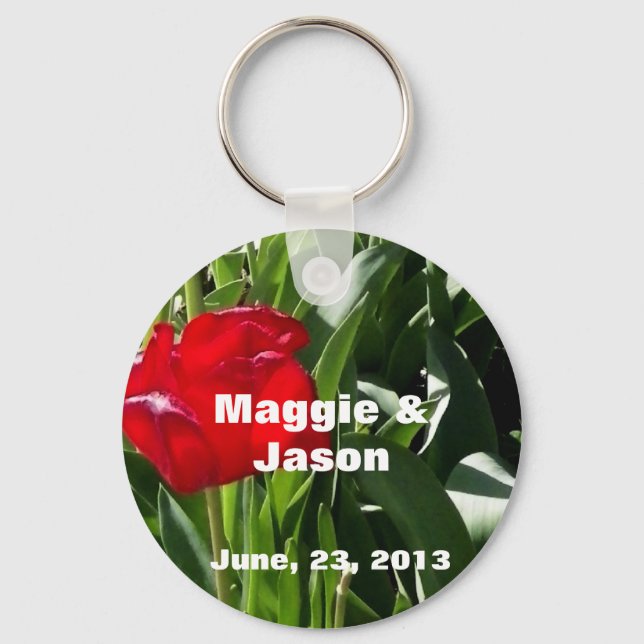 Personalized Picture of red Tulips Save the Date Key Ring (Front)