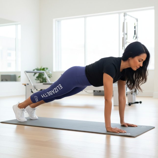 Personalized Pilates Crew Reformer / Mat Blue Capri Leggings (Pilates leggings worn by a female in a Pilates Studio.)
