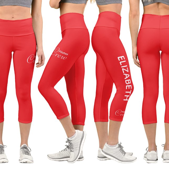 Personalized Pilates Crew Reformer / Mat Red Capri Leggings (Red Pilates leggings shown from 4 angles with a white background.)
