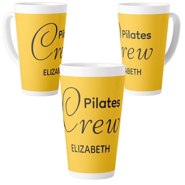 Personalized Pilates Crew Reformer Or Mat Yellow Latte Mug (Yellow Pilates latte mugs on a white background.)