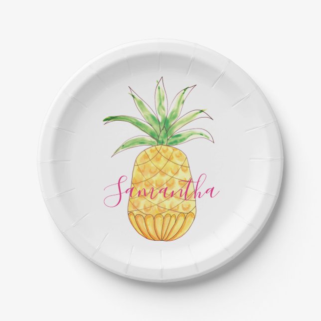 Personalized Pineapple Yellow Pink Watercolor Paper Plate (Front)
